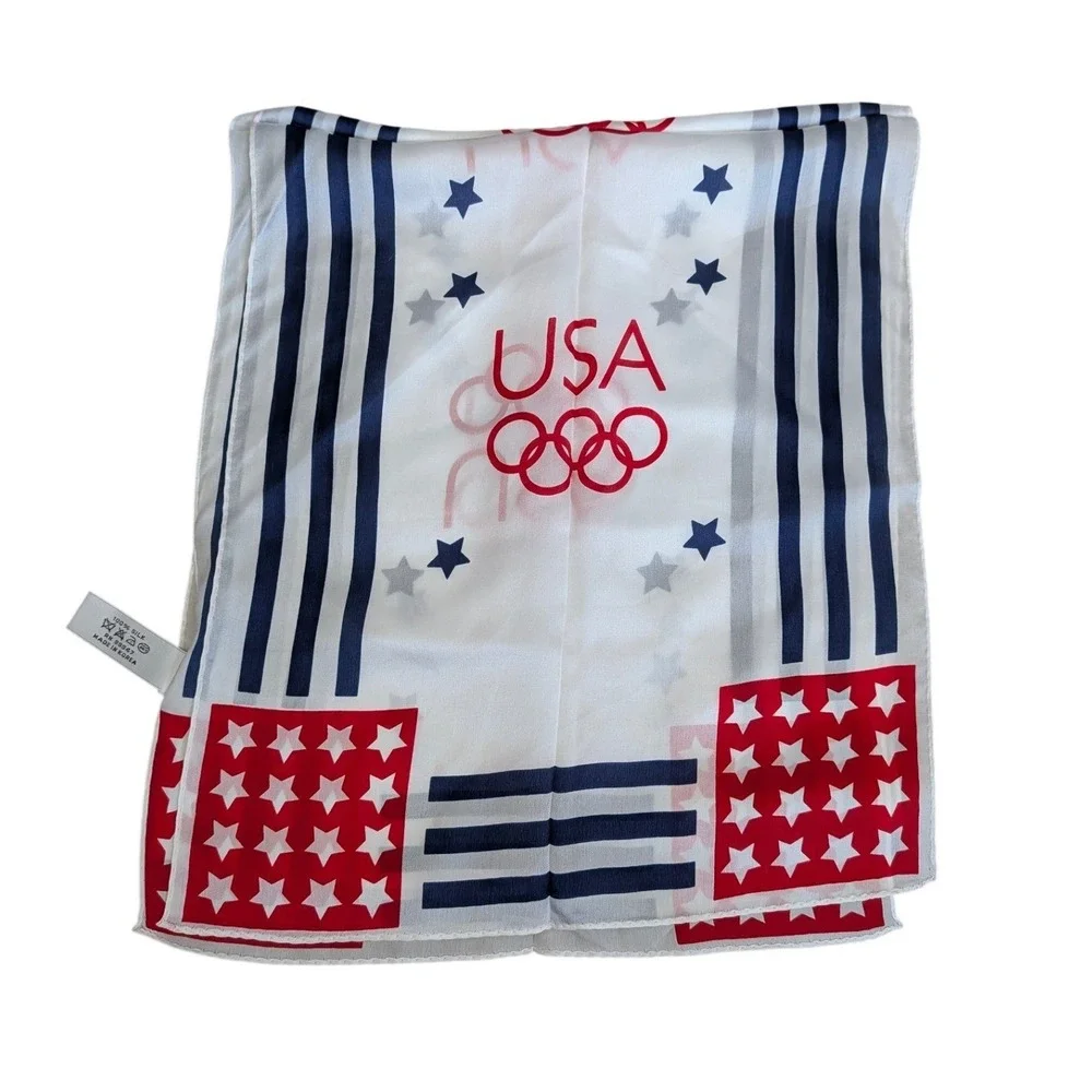Vintage USA Olympic Silk Scarf Red White Blue Stars Stripes Bob Beamon Design